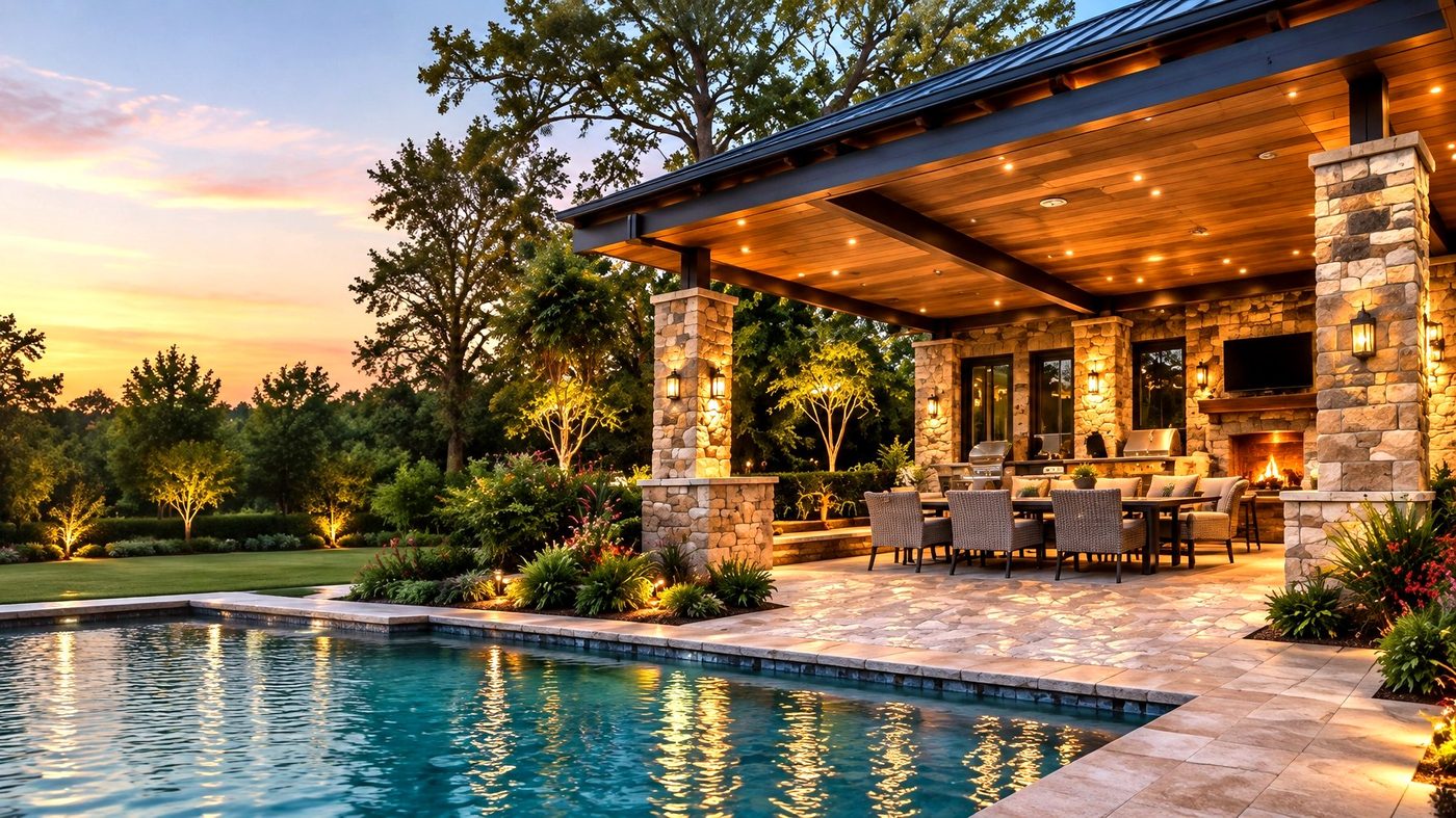 Poolside outdoor pavilion at dusk