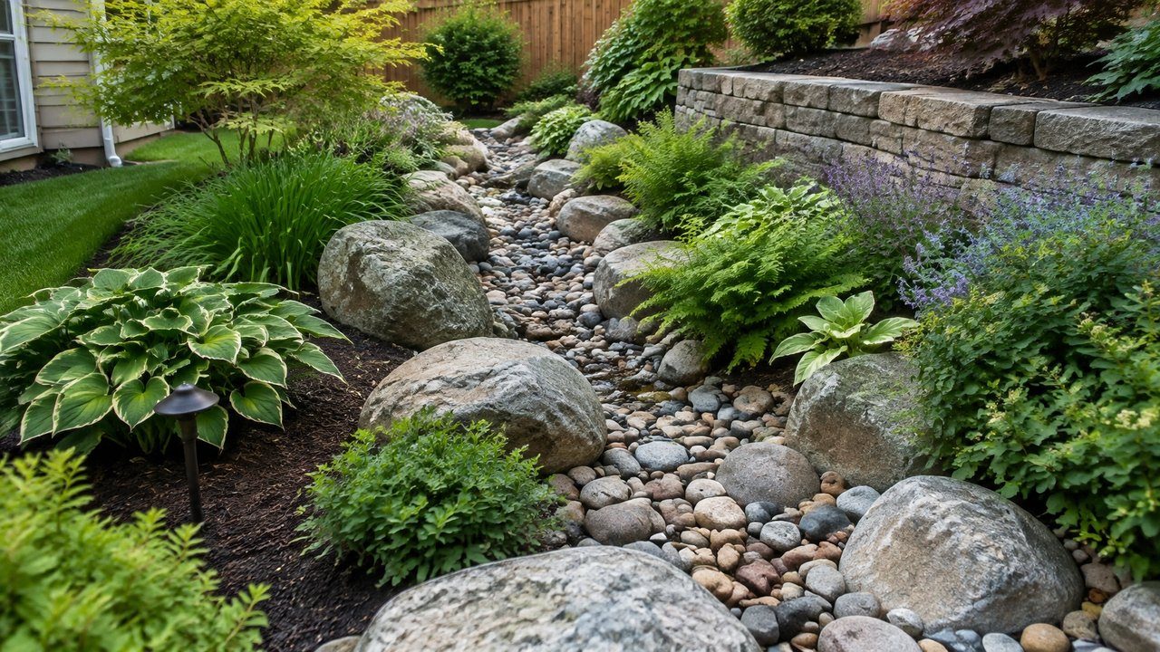Drainage solution with river rock