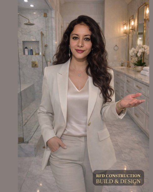 Rose Dhungana, owner of RFD Construction, in a remodeled high-end bathroom