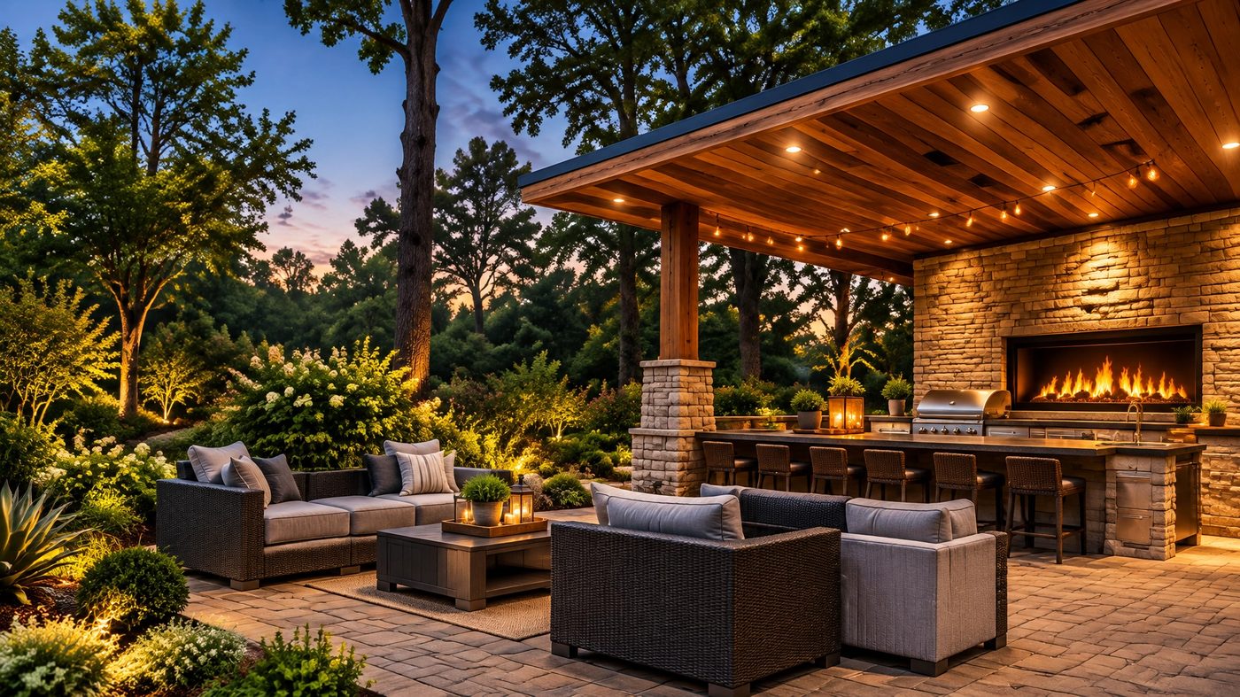 Backyard outdoor pavilion with fireplace